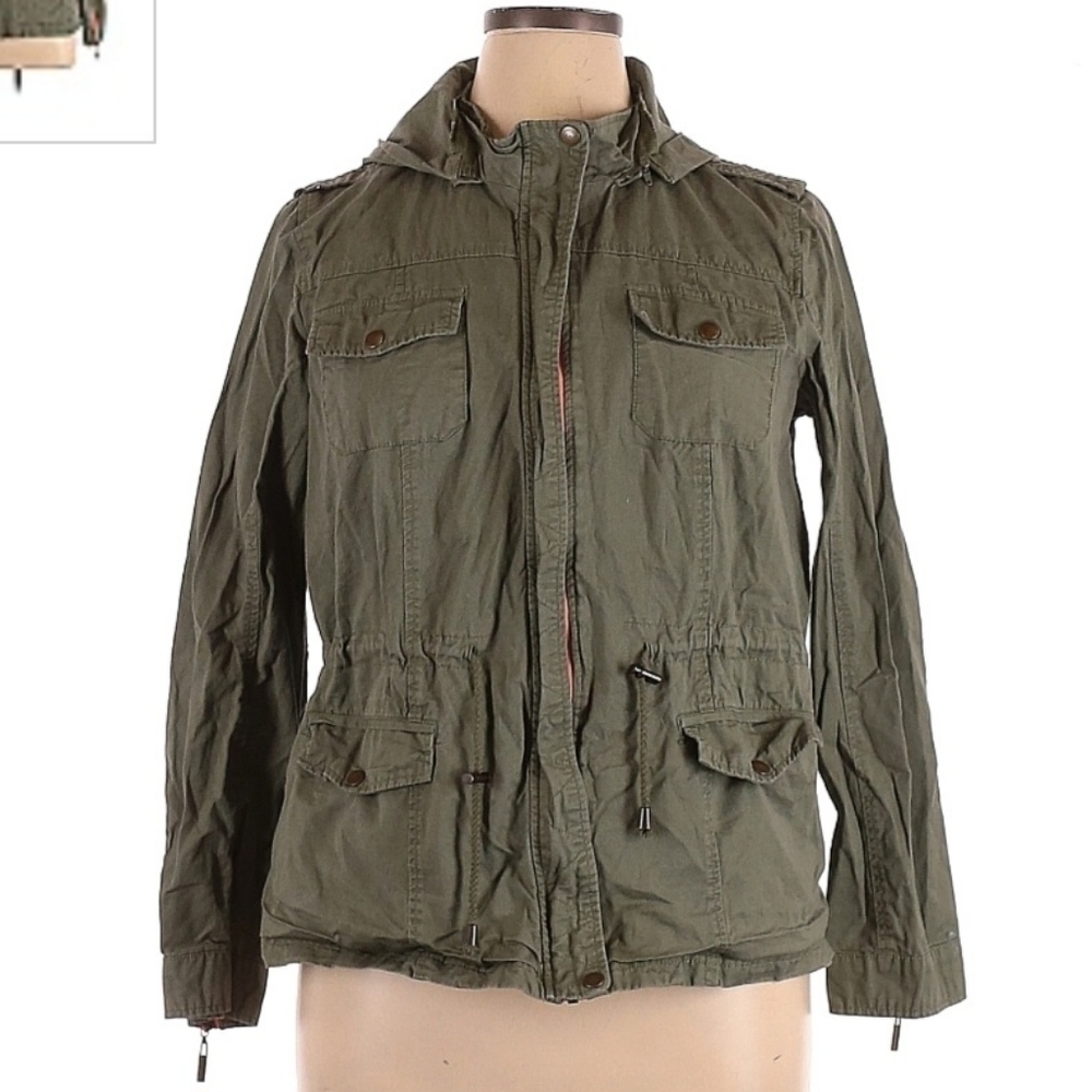 BONGO Olive Green Hooded Utility Jacket Women's XL 100% Cotton Contrast Zipper